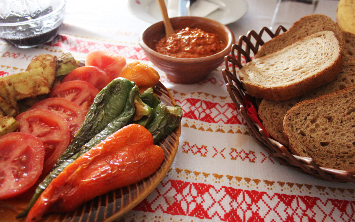 Traditional Macedonial food, Ajvar, white cheese, peppers